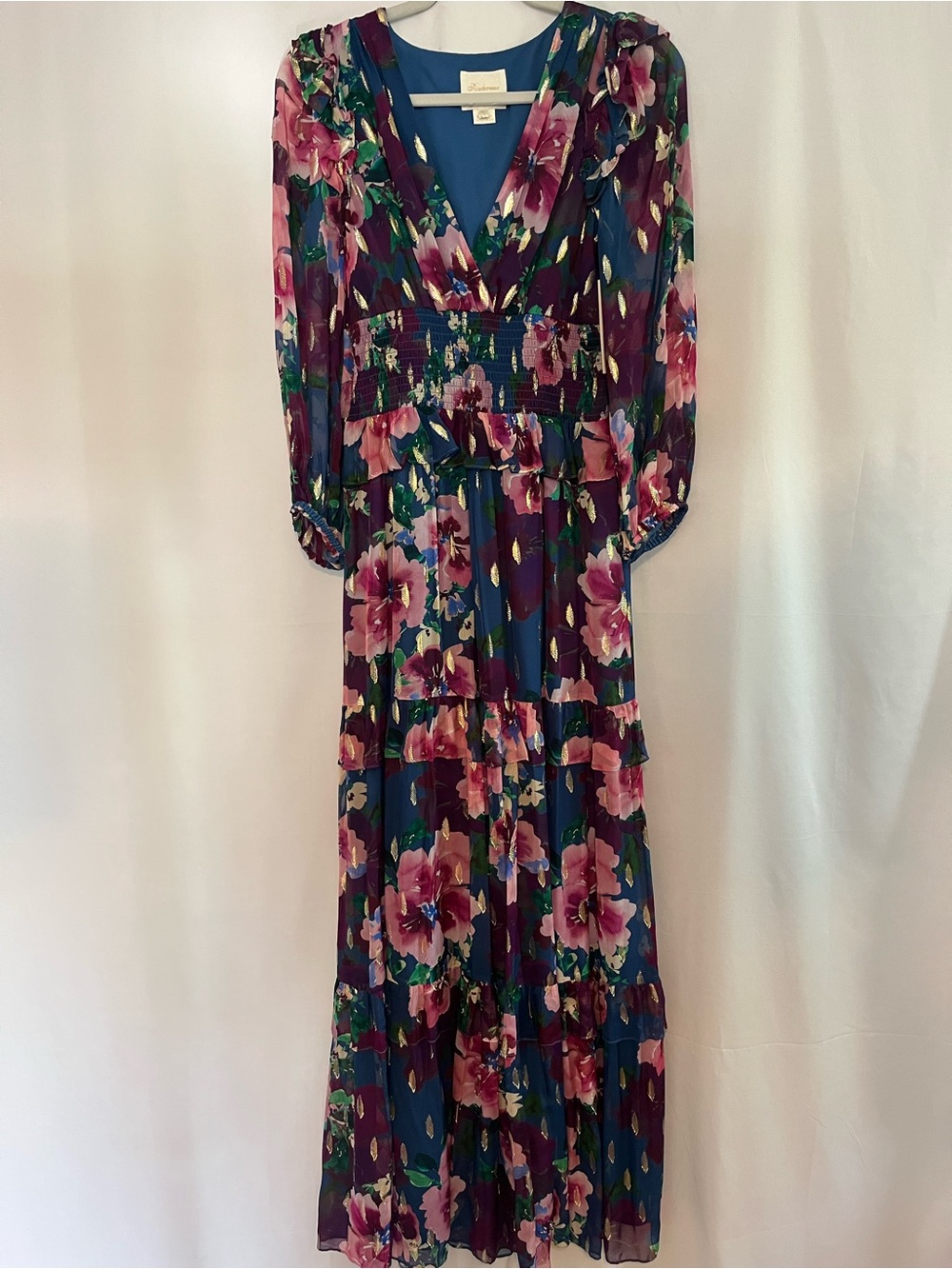 Shoshanna midnight floral lurex trim long sleeve maxi dress NWT SZ 6 formal - Picture 2 of 10